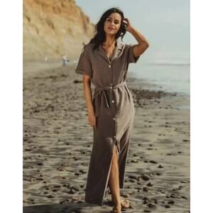 The Normal Brand taupe brown button down cotton crepe kalo 2-way maxi dress